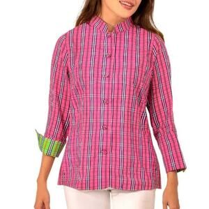 Gretchen Scott Sz M Plaid Tunic Top Pink Classic Preppy Lightweight Casual